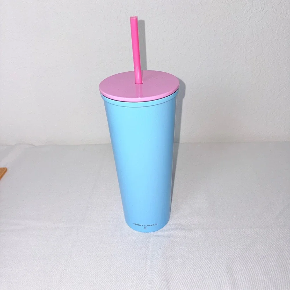 Stoney Clover Lane Blue Smiley Face Travel Tumbler Cup Pink Straw Lid